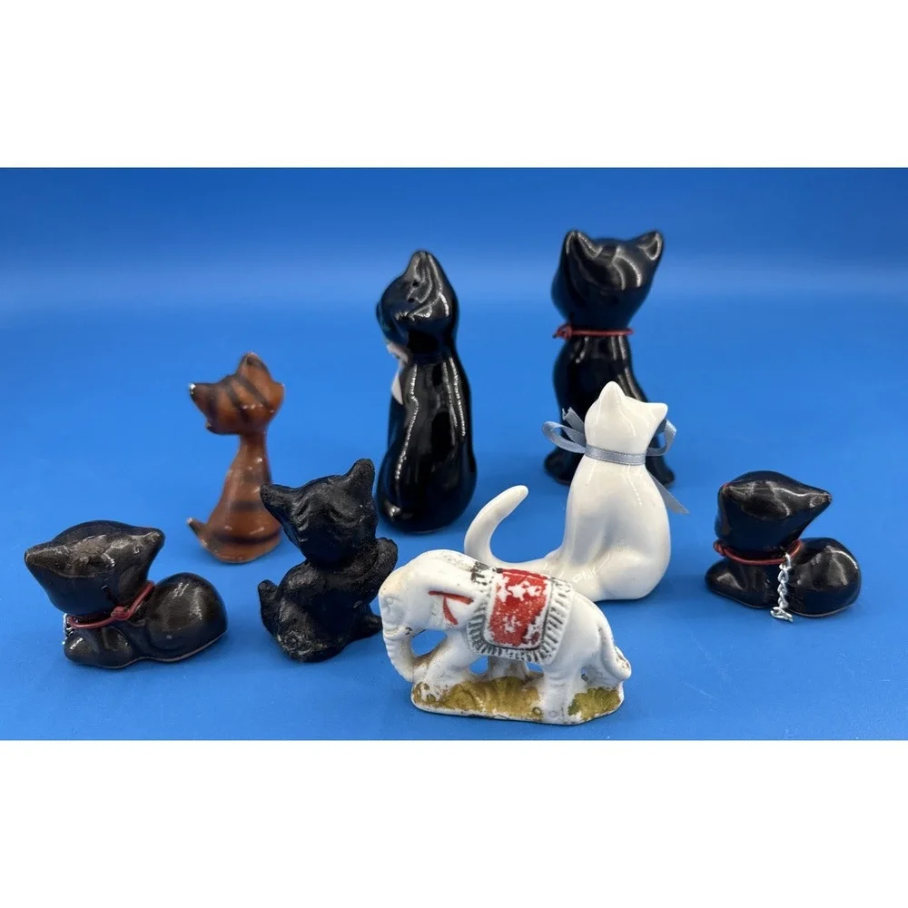 Vtg 7 Mini cat figurine 1 Elephant Porcelain Japan mid century kitty Cat